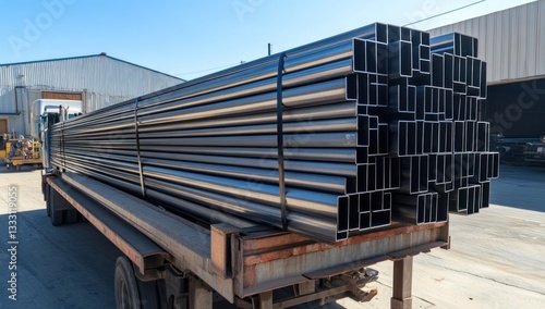 Steel Pipes Transportation: A Shipment of Square Steel Tubes on a Flatbed Truck
