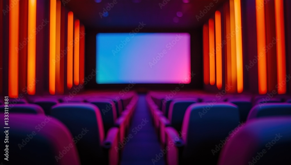 Obraz premium Neon Cinema: Rows of Empty Seats Await the Movie's Beginning