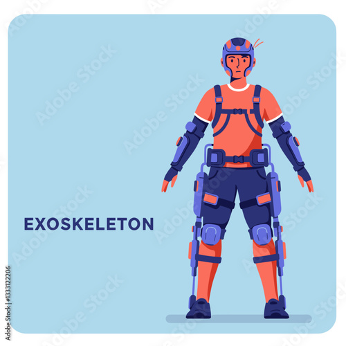 Exoskeleton body with man using new technology on his body. Minimalist colorful flat design illustration