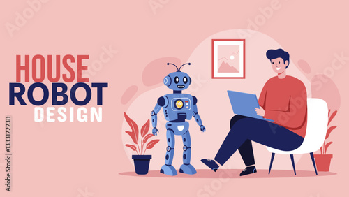 Man programing house robot assistant at home. Colorful flat design illustration