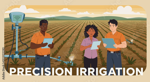 Multiethnic group of people applying advanced technological precision irrigation system in farm