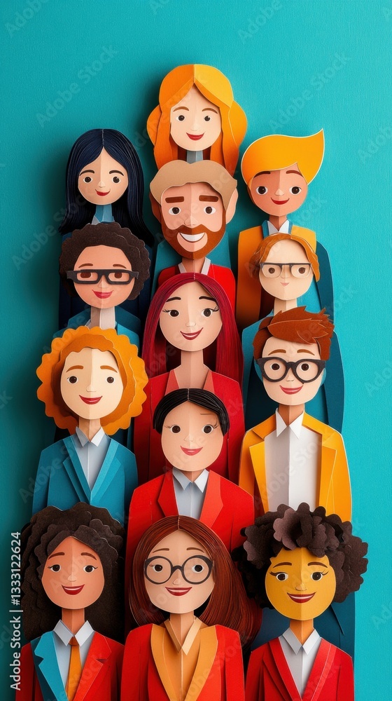 Diverse Group of Paper Cutout Characters on Vibrant Background Diverse Group of Paper Cutout Characters on Vibrant Background
