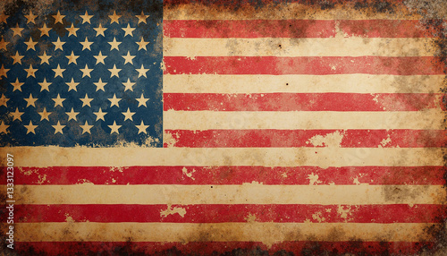 Vintage American flag with faded colors and distressed texture, Stars and stripes pattern, U.S. Independence Day 
