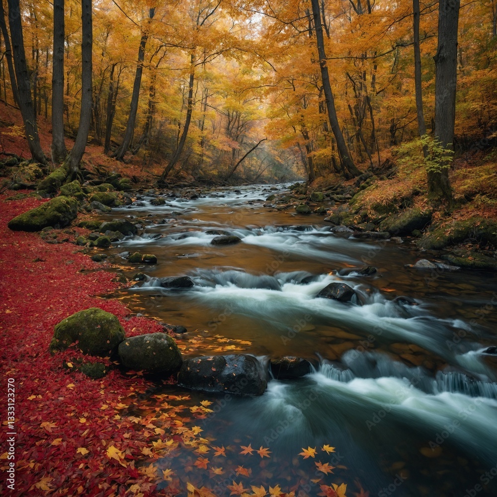 A dense autumn forest where a gentle river winds its way through trees ablaze in shades of red, orange, and yellow, their fallen leaves carpeting the water’s surface A dense autumn forest where a gentle river winds its way through trees ablaze in shades of red, orange, and yellow, their fallen leaves carpeting the water’s surface