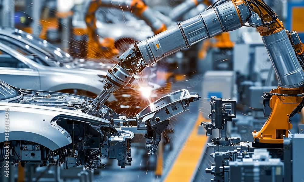 Automated car assembly line in a factory Automated car assembly line in a factory