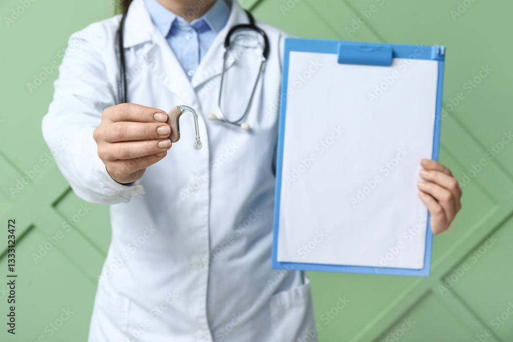 Female doctor with hearing aid and blank clipboard near color wall Female doctor with hearing aid and blank clipboard near color wall