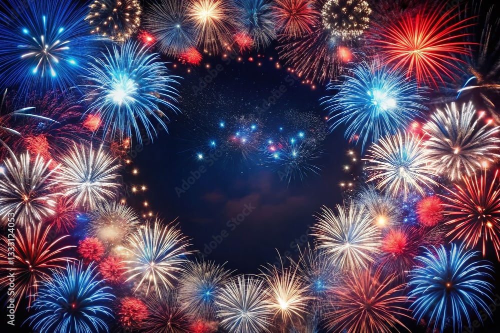 Fototapeta premium Vibrant Patriotic Fireworks Border for Festive Designs – Independence Day, Holiday Greetings, Invitations