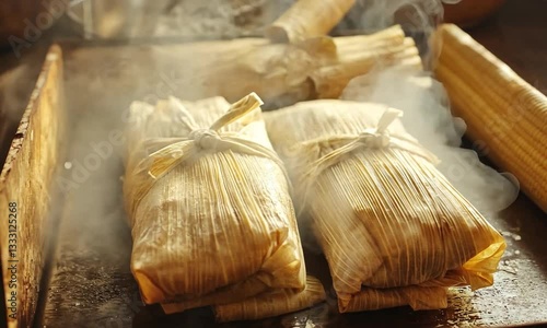 Steaming traditional tamales wrapped in corn husks, showcasing a rustic kitchen setting with smoke