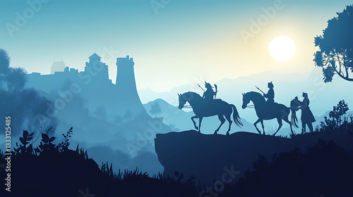 Silhouetted riders on horseback traverse a cliffside at sunset, with a castle in the background