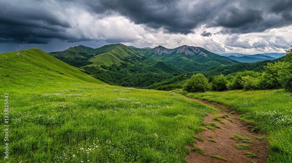 Naklejka premium Serene Green Landscape with Rolling Hills and Dramatic Clouds Over Majestic Mountain Range