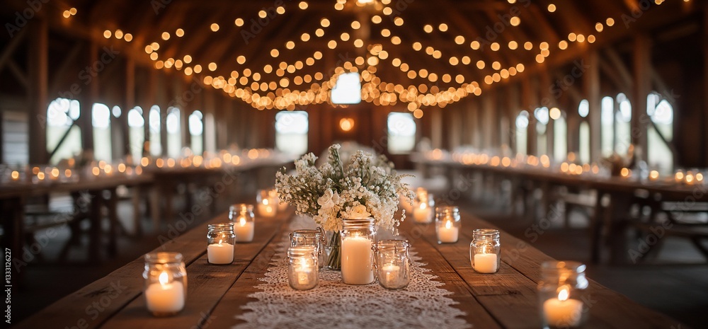 Obraz premium Rustic Wedding Reception in a Barn with String Lights and Candles