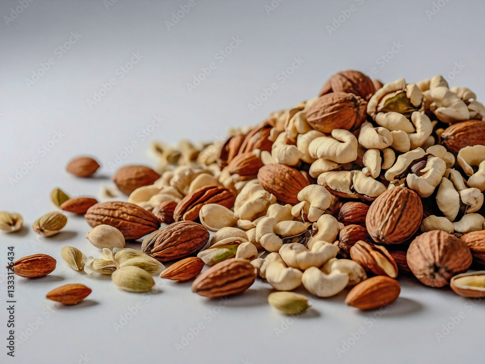 Healthy ingredients like nuts and seeds on a white background