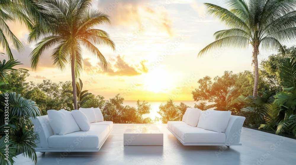 Fototapeta premium Tropical paradise view with white sofas