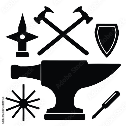 Forging Essentials: A stark silhouette composition showcasing the core tools and emblem of a traditional metal workshop, including a sturdy anvil, crossed hammers.