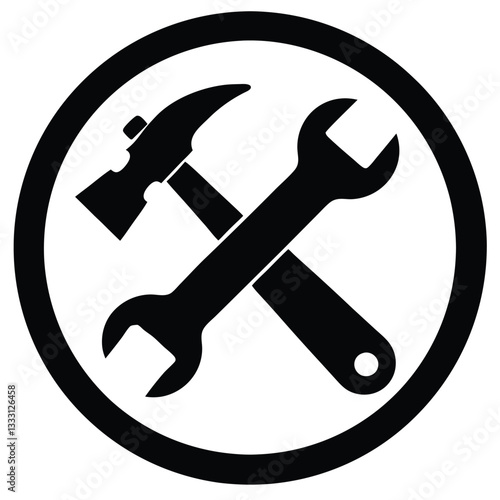 Tools of the Trade: A minimalist black and white illustration of a hammer and wrench crossed, signifying repair, construction, and the tools necessary for building and fixing things.