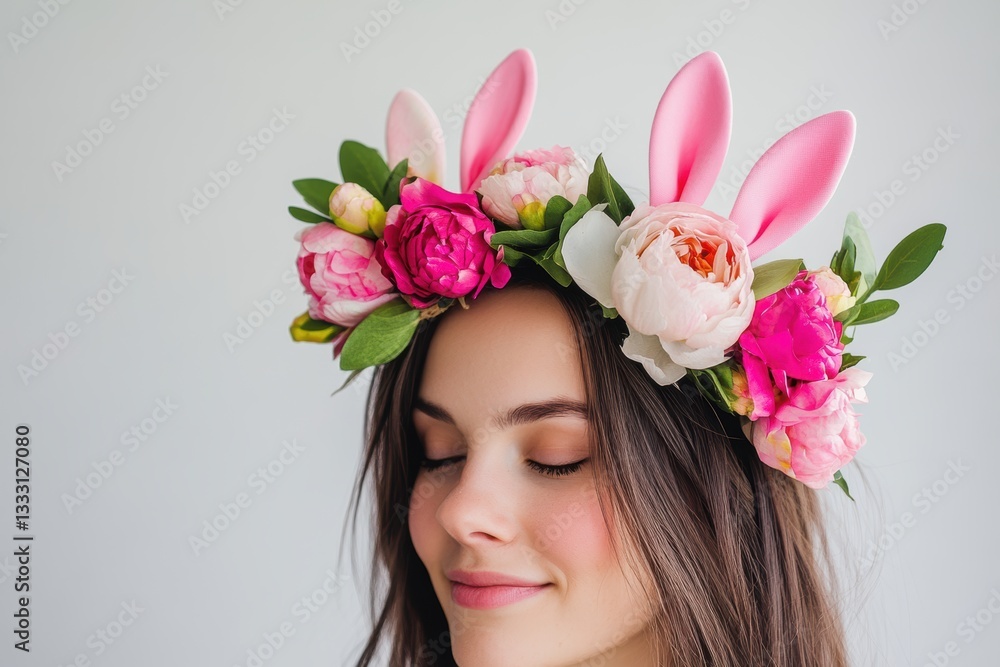 Woman adorned with a flower crown featuring pink and white blossoms, embodying the spirit of Easter. Woman adorned with a flower crown featuring pink and white blossoms, embodying the spirit of Easter.