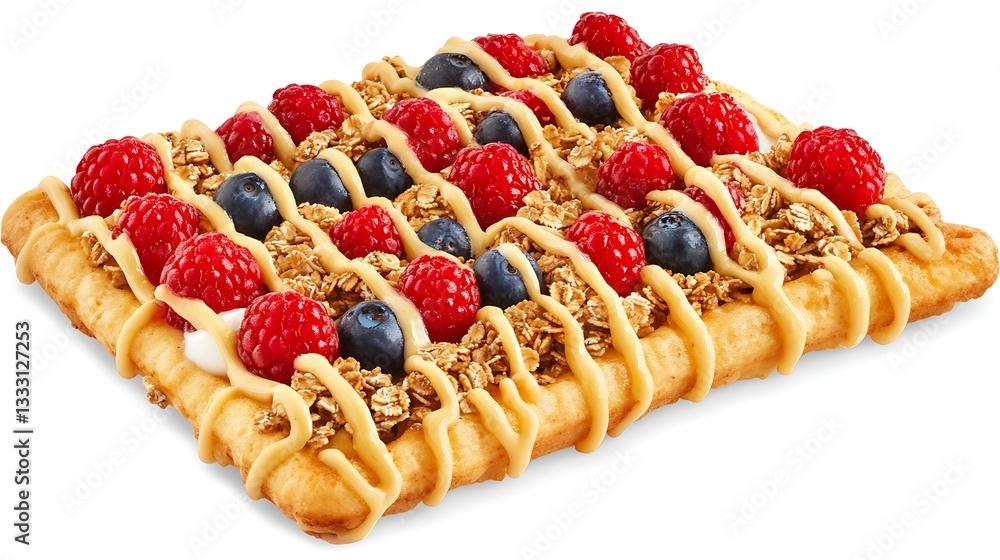 Rectangular Pastry Topped with Raspberries Blueberries Granola and Cream