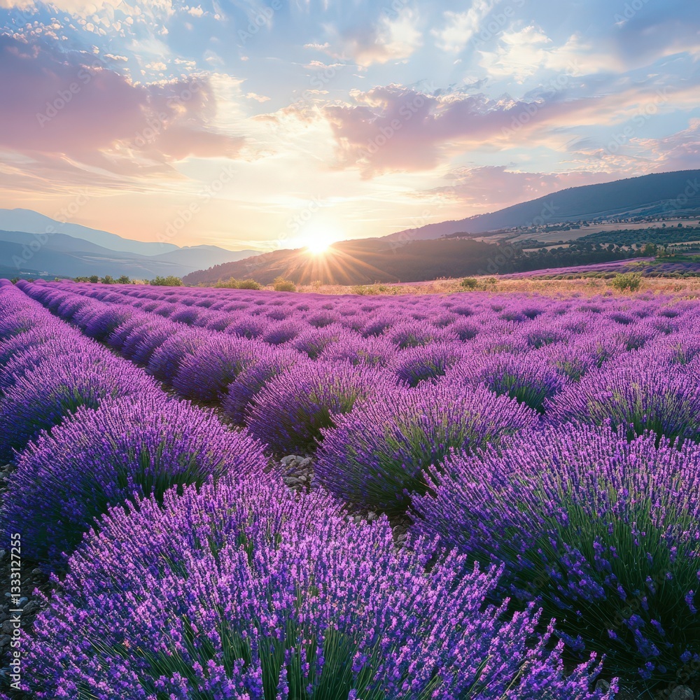 Fototapeta premium Magnificent Landscape with Expansive Lavender Flowers Blooming Under Sunshine