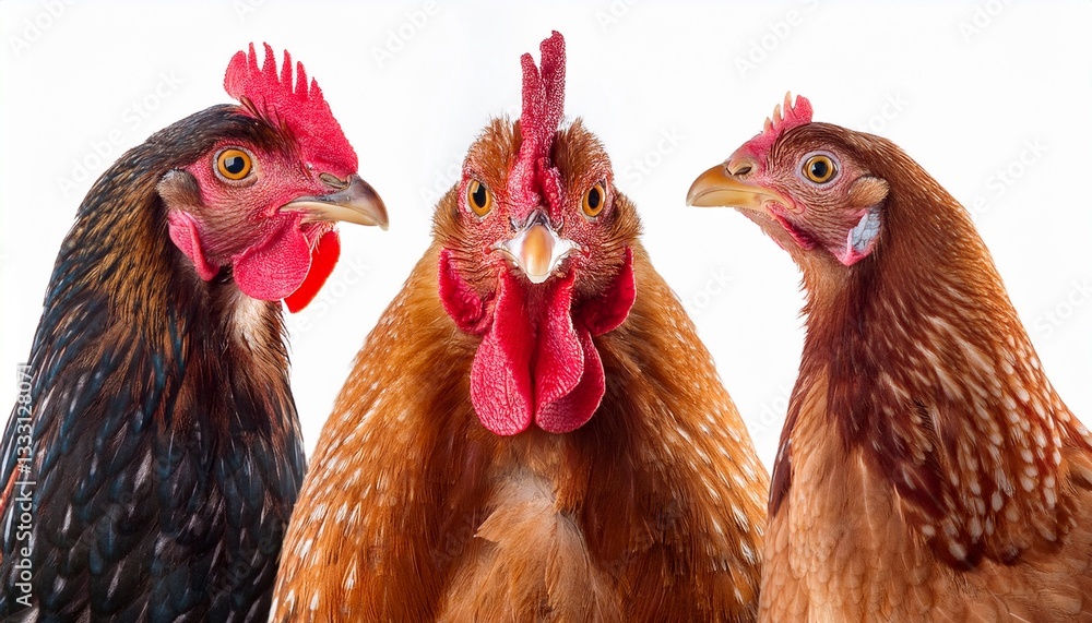 Naklejka premium portrait of three chickens closeup isolated on white background