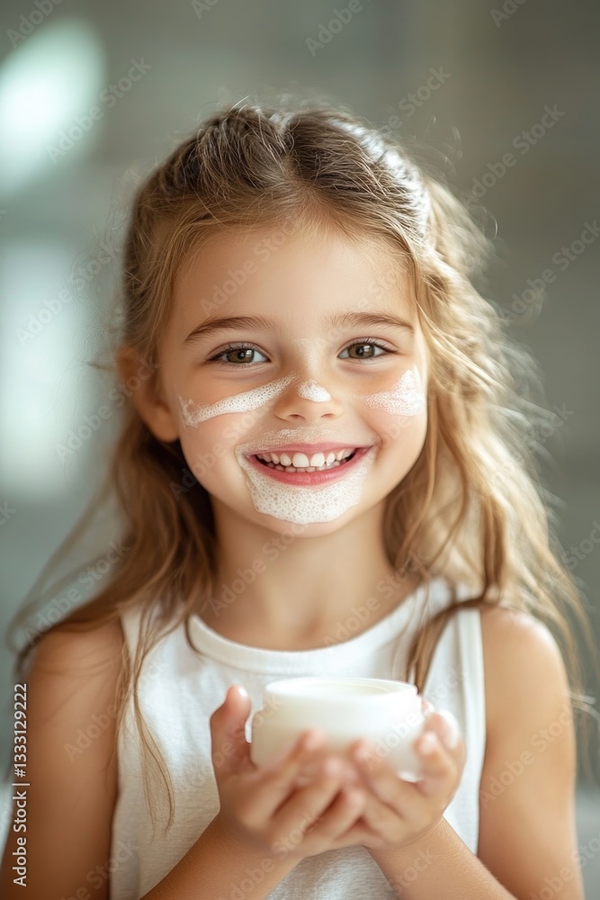 Joyful moment: happy child with lotion face mask enjoys skincare, representing the natural kid's cosmetics concept, gentle care, and youthful freshness with a cheerful expression, sense of well-being. Joyful moment: happy child with lotion face mask enjoys skincare, representing the natural kid's cosmetics concept, gentle care, and youthful freshness with a cheerful expression, sense of well-being.