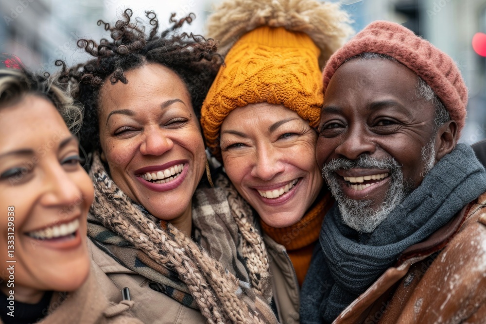 Group of diverse friends having fun together on a winter day in the city Group of diverse friends having fun together on a winter day in the city