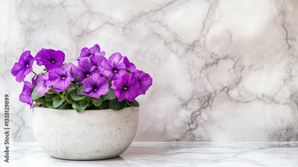 Fototapeta premium A contemporary concrete pot with bright purple African violets sitting on a white marble countertop