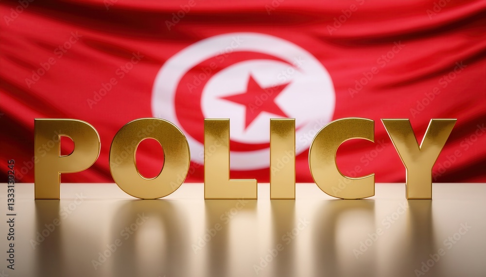Golden Letters Spelling Policy Against Blurred Tunisia Flag Background Golden Letters Spelling Policy Against Blurred Tunisia Flag Background
