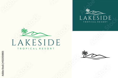 Palm Coconut Tree with Hills or Island and Water for Tropical Lake Beach Resort logo design