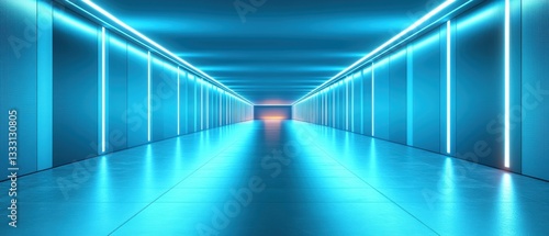 Long hallway illuminated by blue lights  featuring a car positioned at the center.