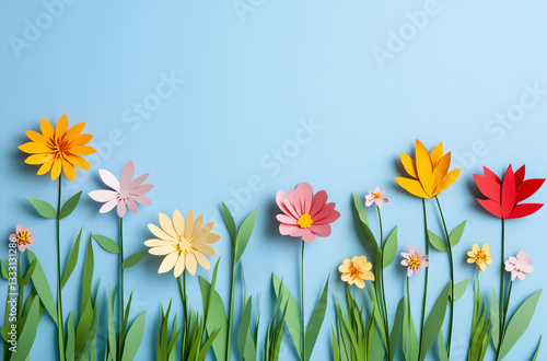 Colorful paper flower arrangement on pastel blue background 