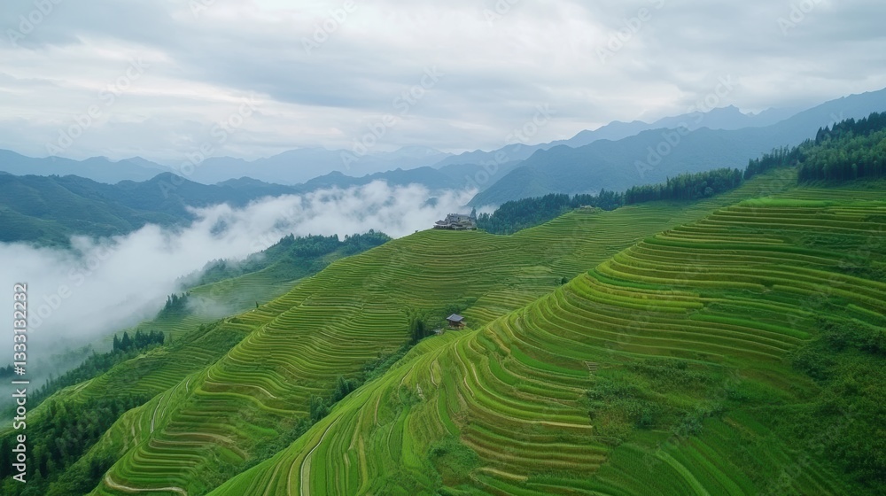 A house perched atop a green hill surrounded by majestic mountains. A house perched atop a green hill surrounded by majestic mountains.