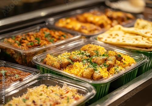 A Colorful Array of Indian Cuisine Featuring Biryani, Curry, Bread, and Garnishes in Clear Plastic Containers on a Buffet Table
