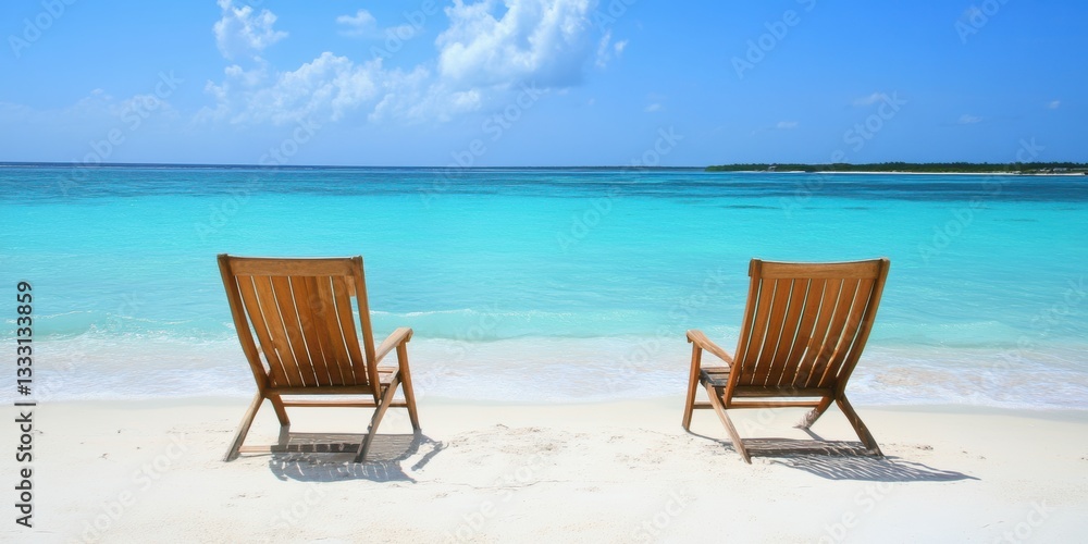 Two chairs overlook a serene ocean on a beach under a clear blue sky. Two chairs overlook a serene ocean on a beach under a clear blue sky.