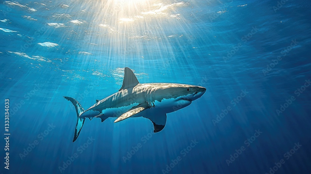 Obraz premium A great white shark swimming through crystal-clear blue waters, sunlight filtering through the ocean surface