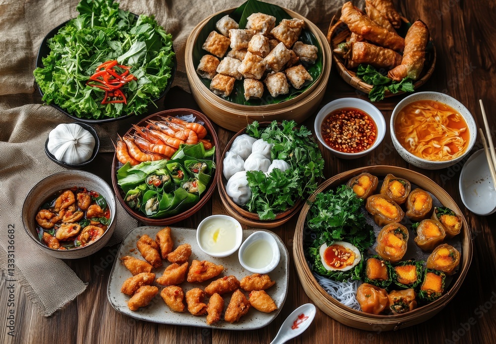 A Vibrant Spread of Asian Cuisine Featuring Assorted Dumplings, Noodles, Fresh Greens, and Crispy Appetizers on a Rustic Wooden Table Setting A Vibrant Spread of Asian Cuisine Featuring Assorted Dumplings, Noodles, Fresh Greens, and Crispy Appetizers on a Rustic Wooden Table Setting