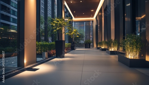 Modern walkway featuring planters and lights in a contemporary building design.