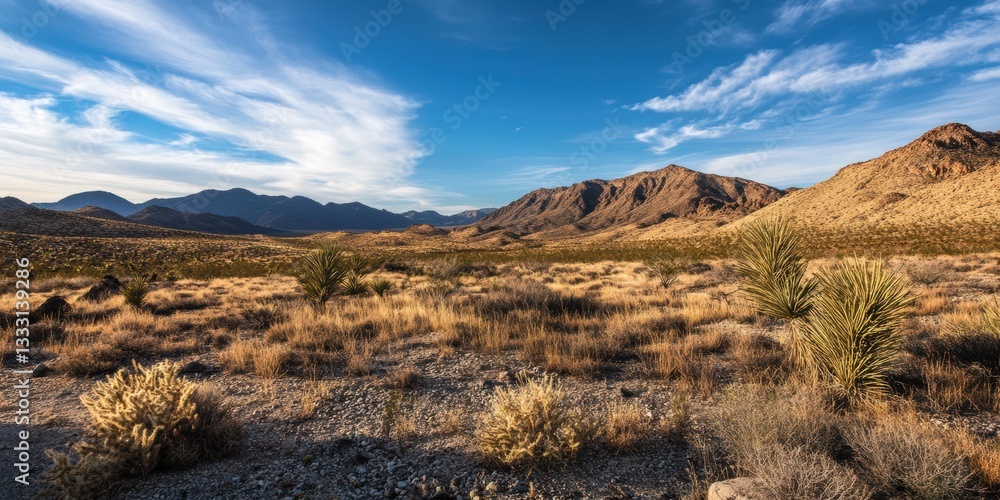 A vast desert landscape features sparse bushes and distant mountains under a clear sky. A vast desert landscape features sparse bushes and distant mountains under a clear sky.