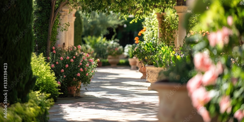 A vibrant walkway filled with various potted plants and blooming flowers. A vibrant walkway filled with various potted plants and blooming flowers.