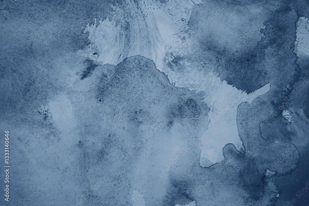 Dusty grey blue white abstract water watercolor. Art background for design. Daub blot spatter splash storm grunge.