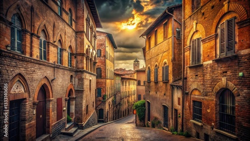 Siena Italy Photography: Moody Alleyway, Terracotta Building, Sunlight, Medieval Cityscape