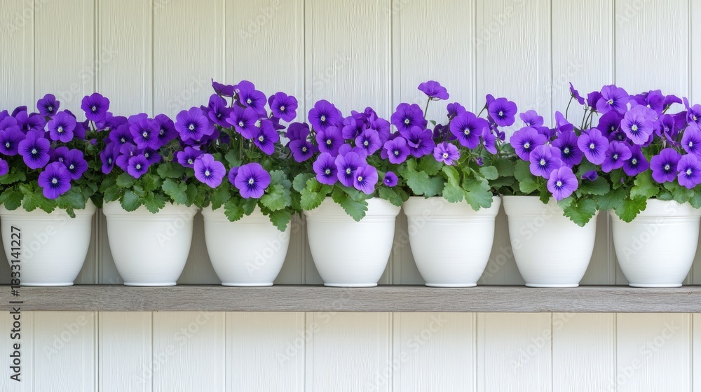A row of identical white pots with blooming purple violets placed symmetrically on a wooden shelf A row of identical white pots with blooming purple violets placed symmetrically on a wooden shelf