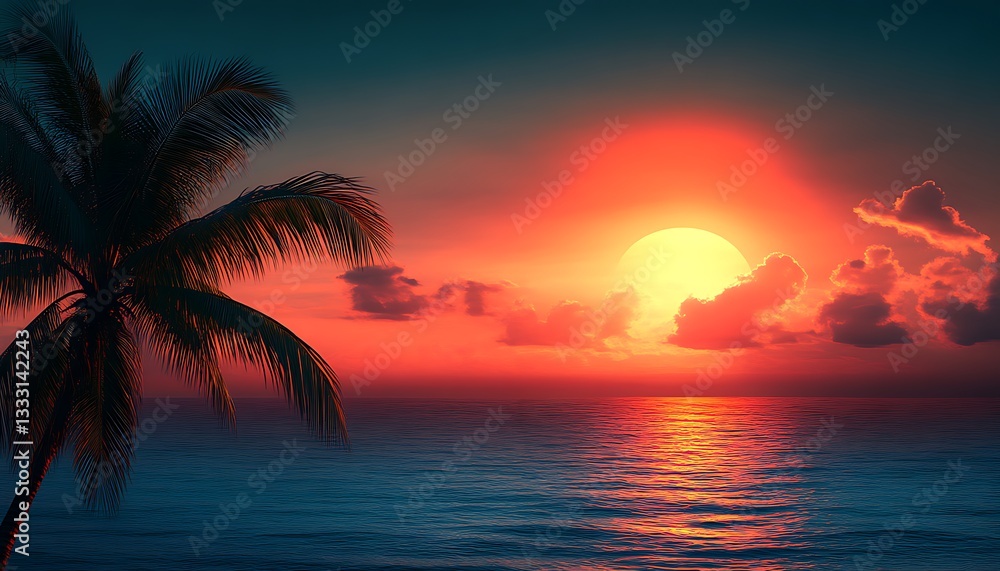 Sunset Over Ocean with Palm Tree Silhouette Sunset Over Ocean with Palm Tree Silhouette