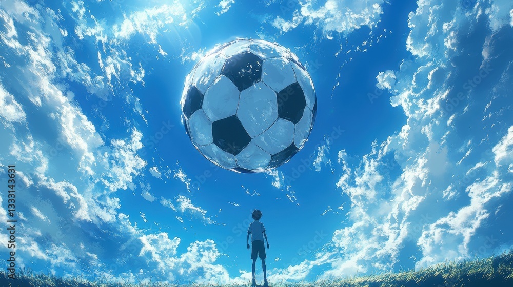 Fototapeta premium Child Gazing at Giant Soccer Ball in Bright Blue Sky with Clouds