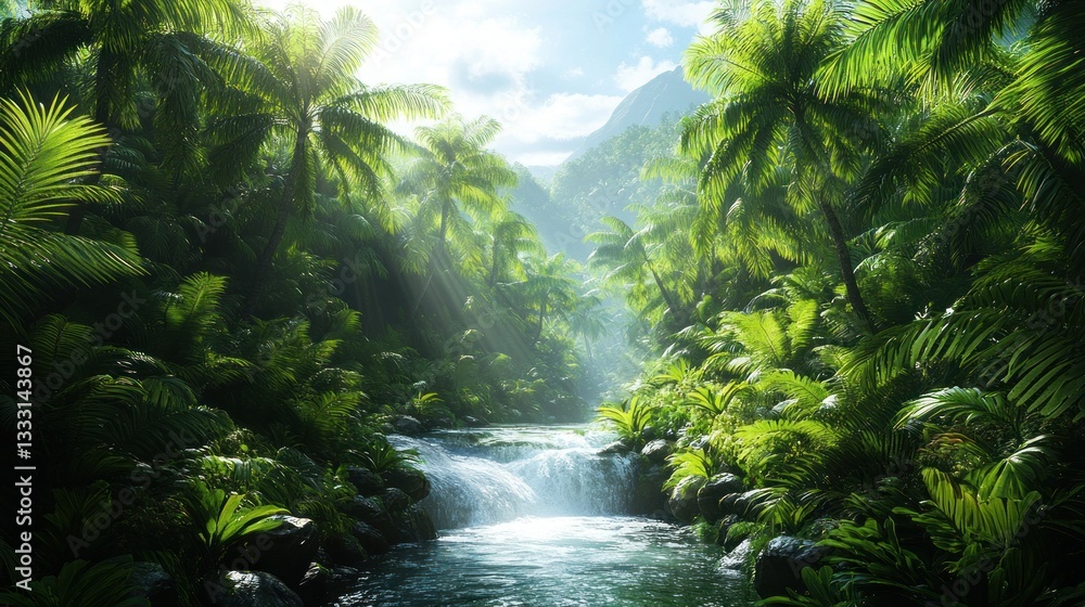 Fototapeta premium Lush tropical rainforest with a flowing waterfall