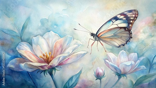 Fototapeta Naklejka Na Ścianę i Meble -  Watercolor painting of a butterfly and white flowers in bloom, a delicate floral illustration with a soft background