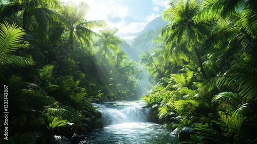 Lush tropical rainforest with a flowing waterfall