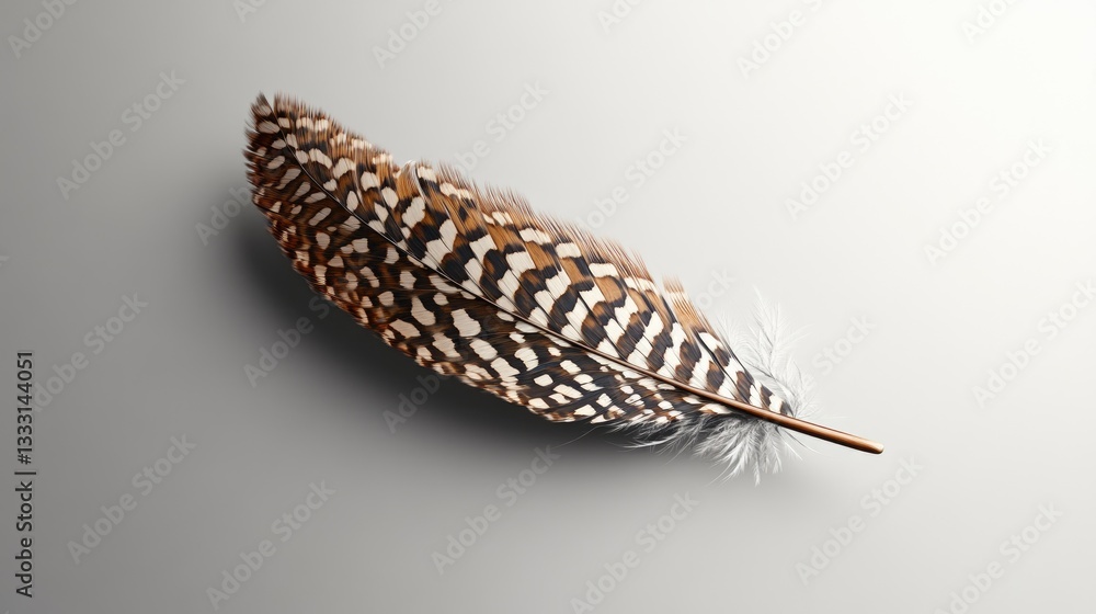 Fototapeta premium A striking owl feather with intricate patterns placed on a neutral gray background
