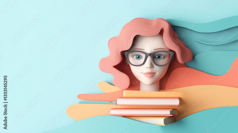 A smart teacher with glasses and a stack of books, shown in paper art style. A paper art Style 3d A smart teacher with glasses and a stack of books, shown in paper art style. A paper art Style 3d
