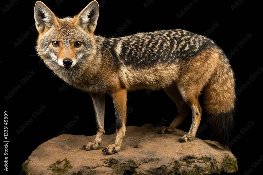 Fototapeta premium Realistic animal model of a fox on a natural rock base display