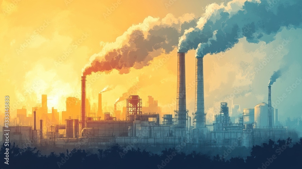 Industrial skyline at sunset with smoke stacks and pollution effects Industrial skyline at sunset with smoke stacks and pollution effects